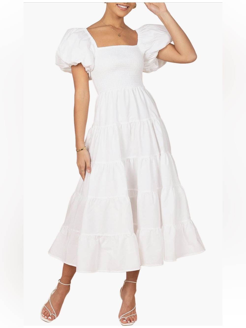 Petal & Pup White Puff Sleeve Tiered Midi Dress